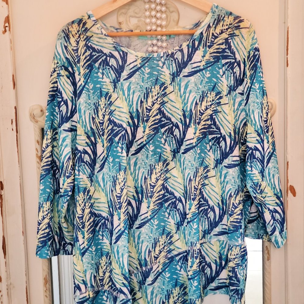 Anthony's Women's Pull Over Top - Palm Leaf Pattern with Multi Blue Colors.